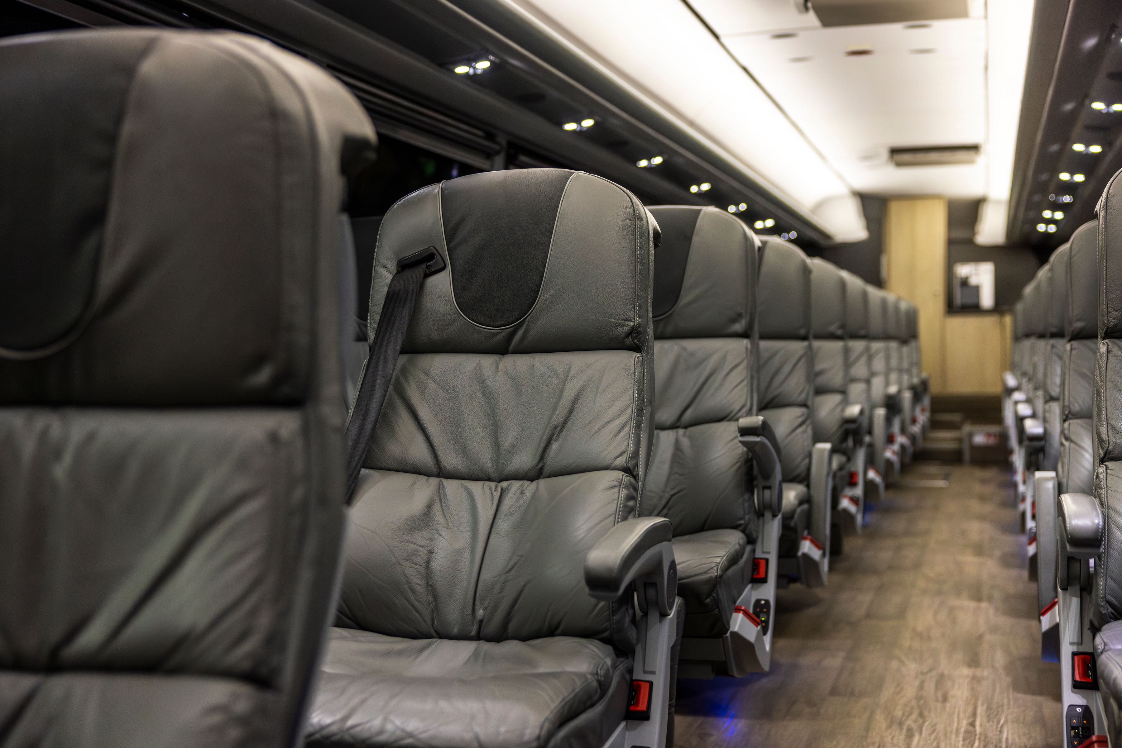 Premium leather coach seats inside a Yankee Line coach